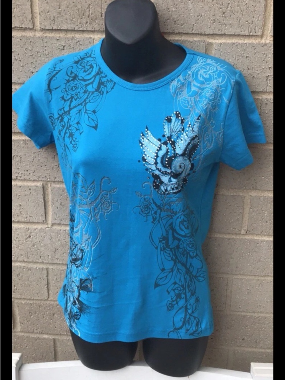 Rasaki Womens Floral Print T Shirt Blouse Sz S Cap Sleeve Blue 4122